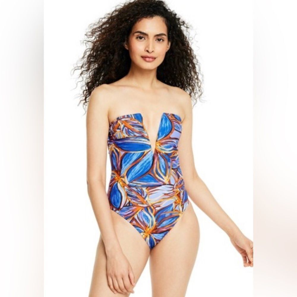 Fe Noel Women's Leafy Palm Print Deep Vneck High Leg Cheeky One Piece NWT XXS